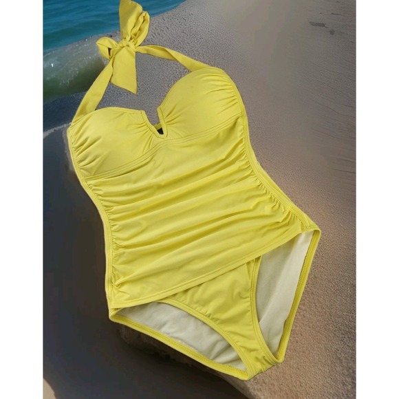Tommy Bahama Other - Tommy Bahama Bathing‎ Suit Womens 4 Yellow 1 Pc Ruched Halter Top Slimming PinUp